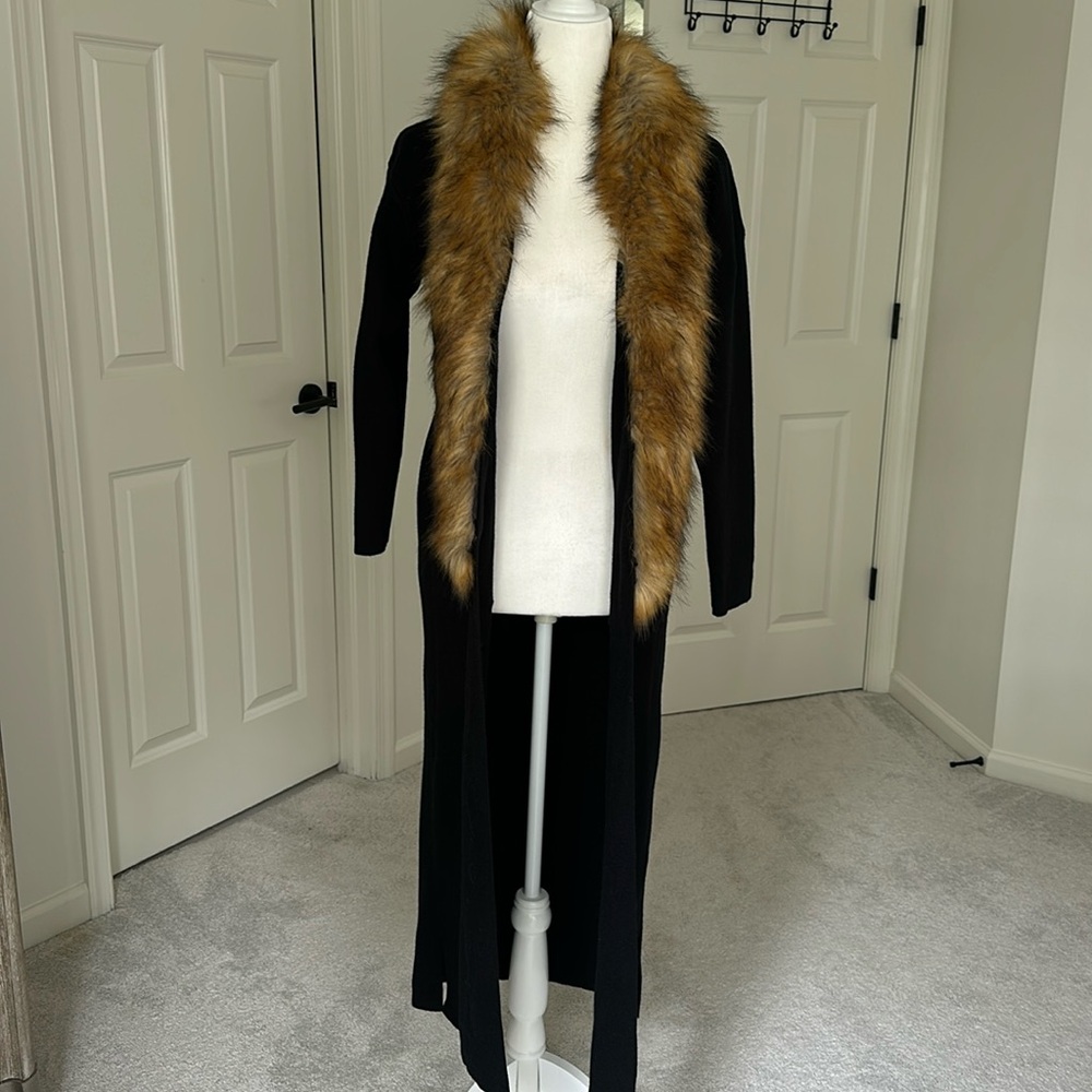Buddy Love Longline Black Fur Neck Cardigan